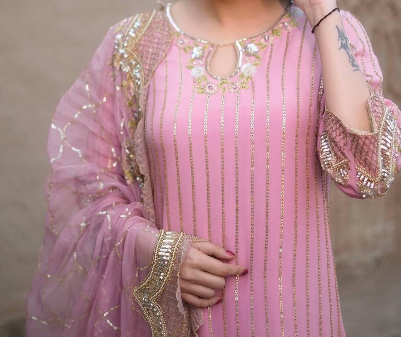 Pink Designer Kurti & Shrarara With Dupatta Set