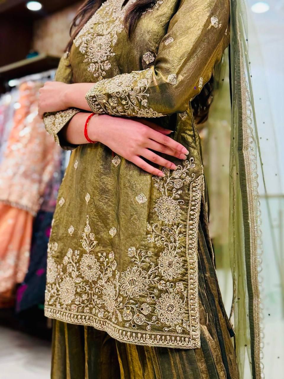 Olive Green Embroidered Kurta with Palazzo Set for Women