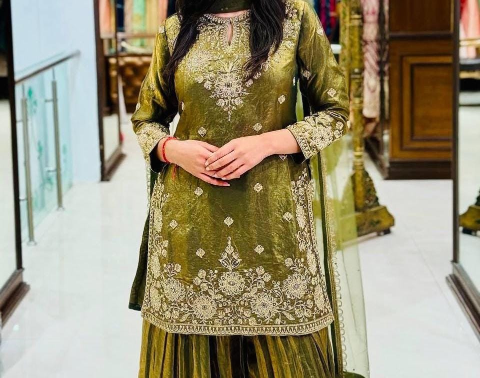 Olive Green Embroidered Kurta with Palazzo Set for Women