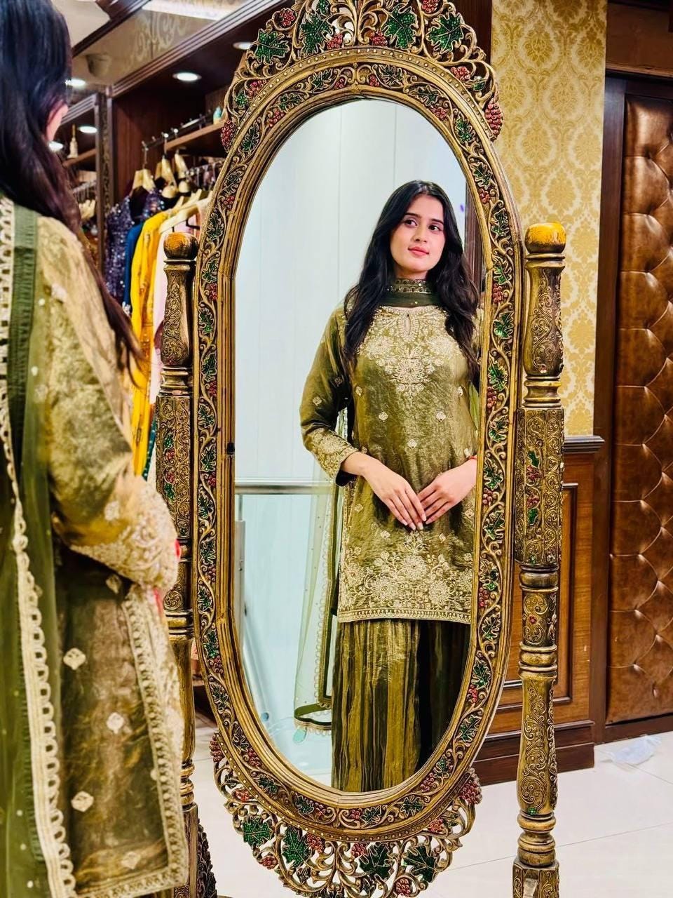 Olive Green Embroidered Kurta with Palazzo Set for Women