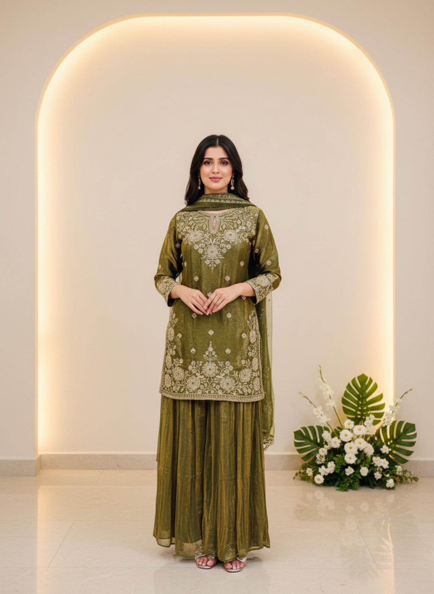 Olive Green Embroidered Kurta with Palazzo Set for Women