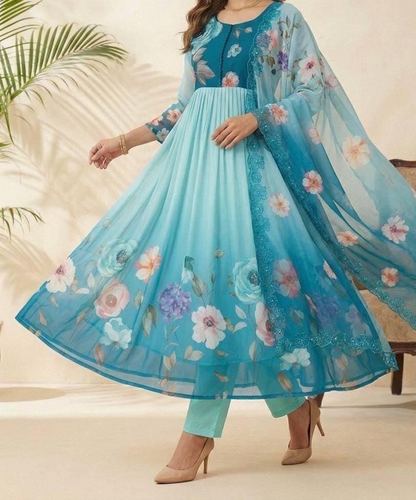 Sky Blue Floral Printed Anarkali Gown Set with Dupatta for Women