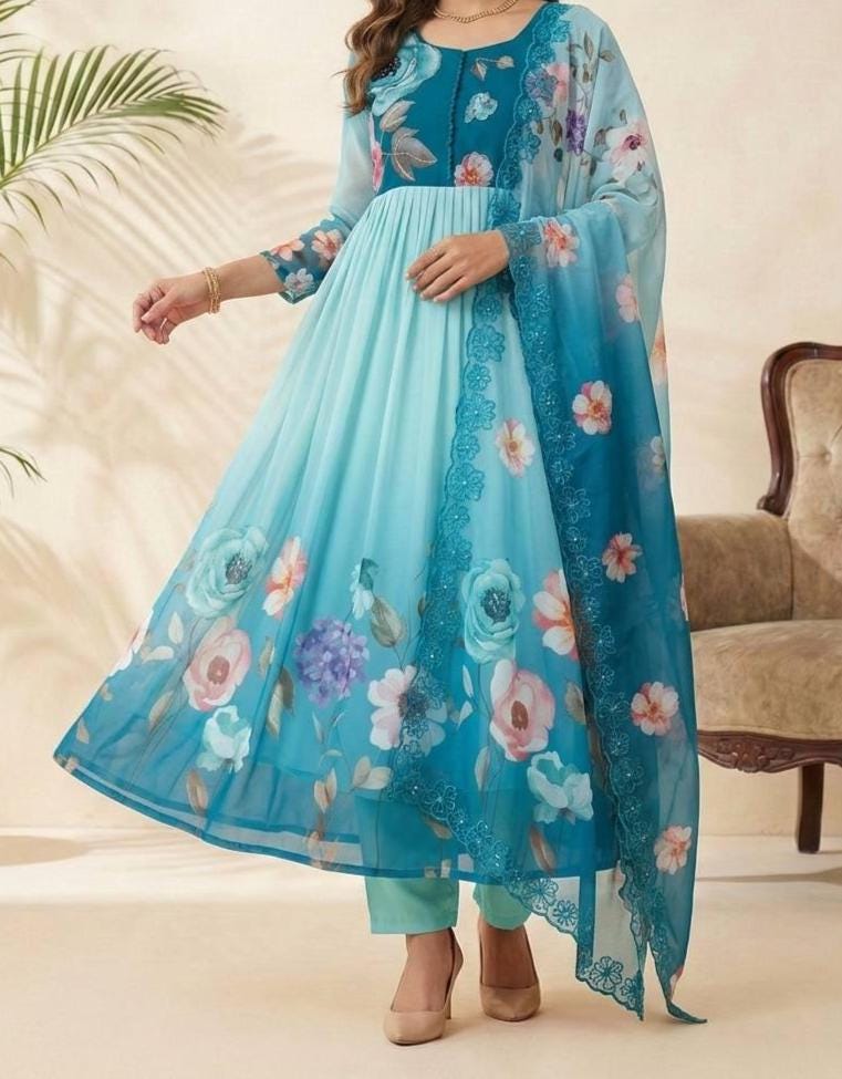 Sky Blue Floral Printed Anarkali Gown Set with Dupatta for Women