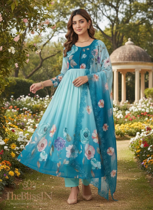 Sky Blue Floral Printed Anarkali Gown Set with Dupatta for Women