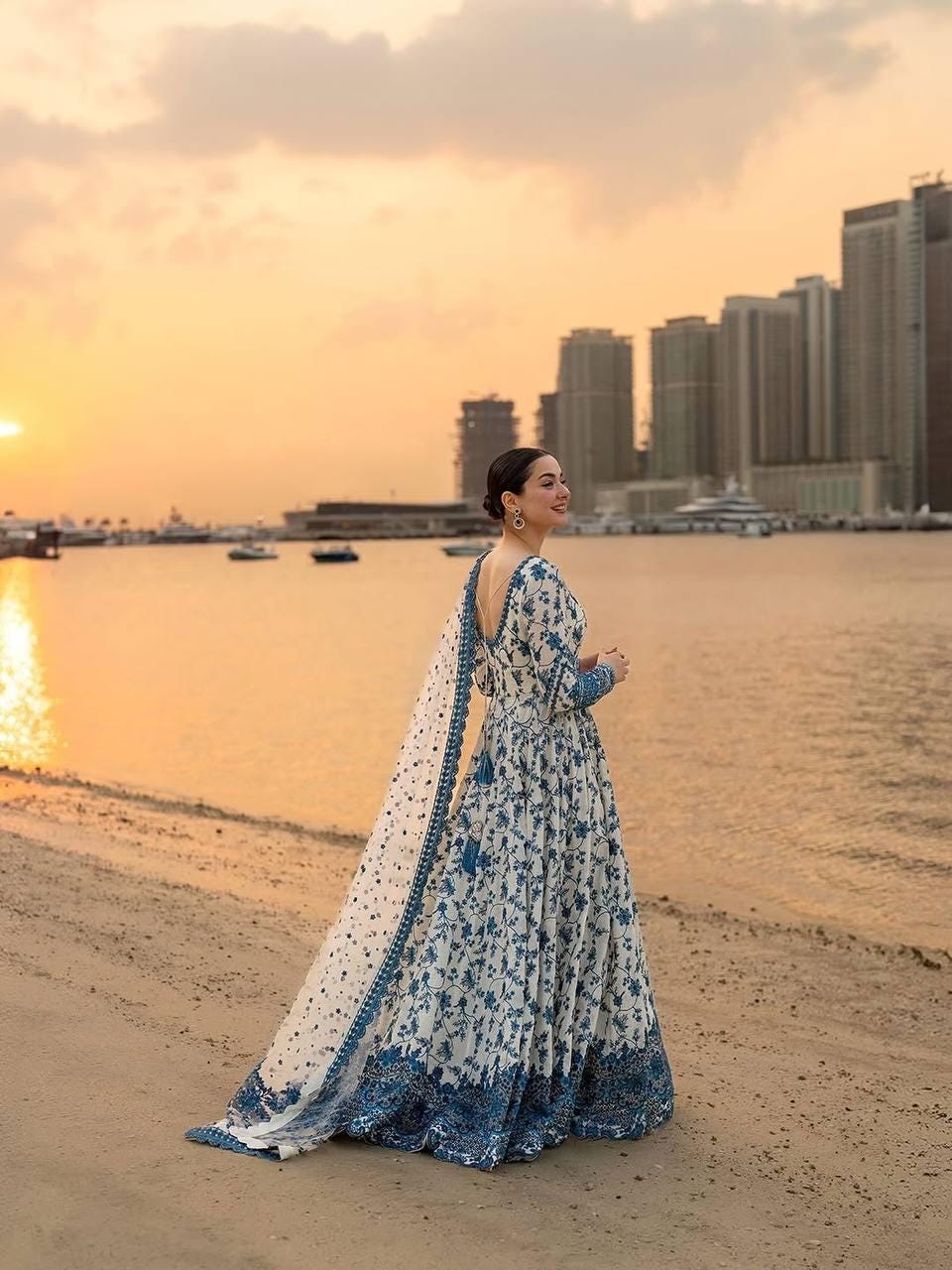 Elegant Blue & White Embroidered Outfit - Lawn Suit , full sleeve gown , ethnic maxi, anarkali with palazzo