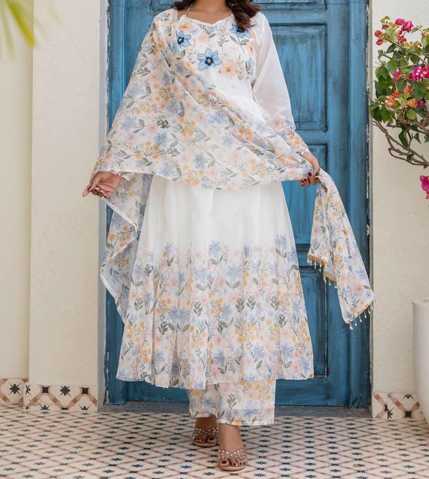 White Floral Print Anarkali Suit Set for Women , Full Flair Gown
