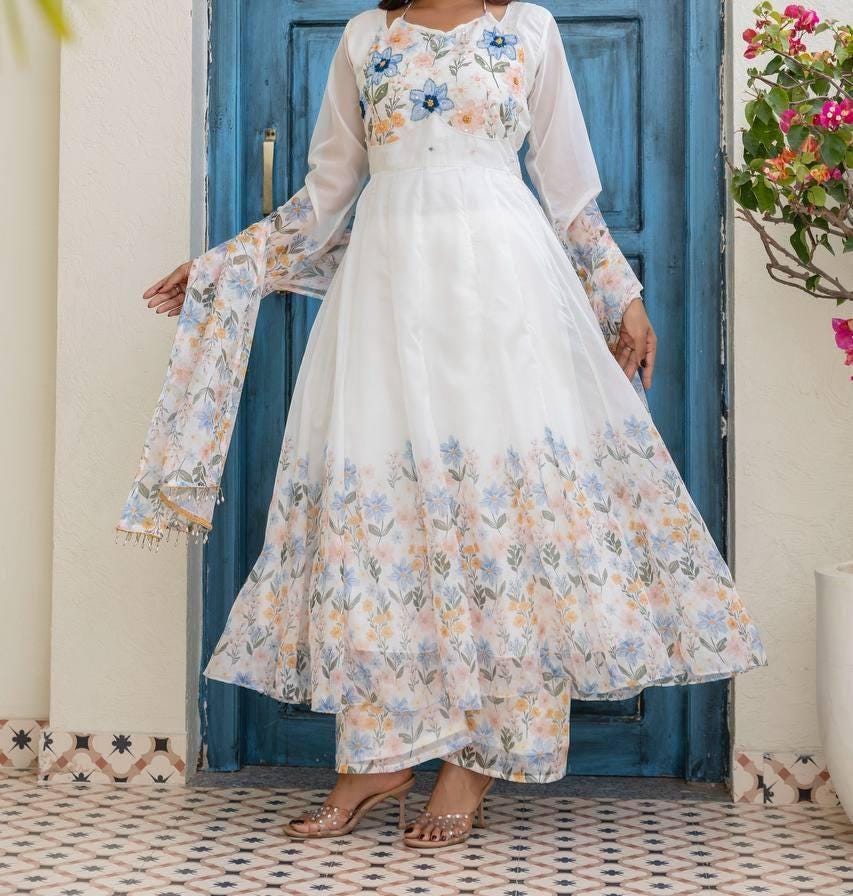White Floral Print Anarkali Suit Set for Women , Full Flair Gown