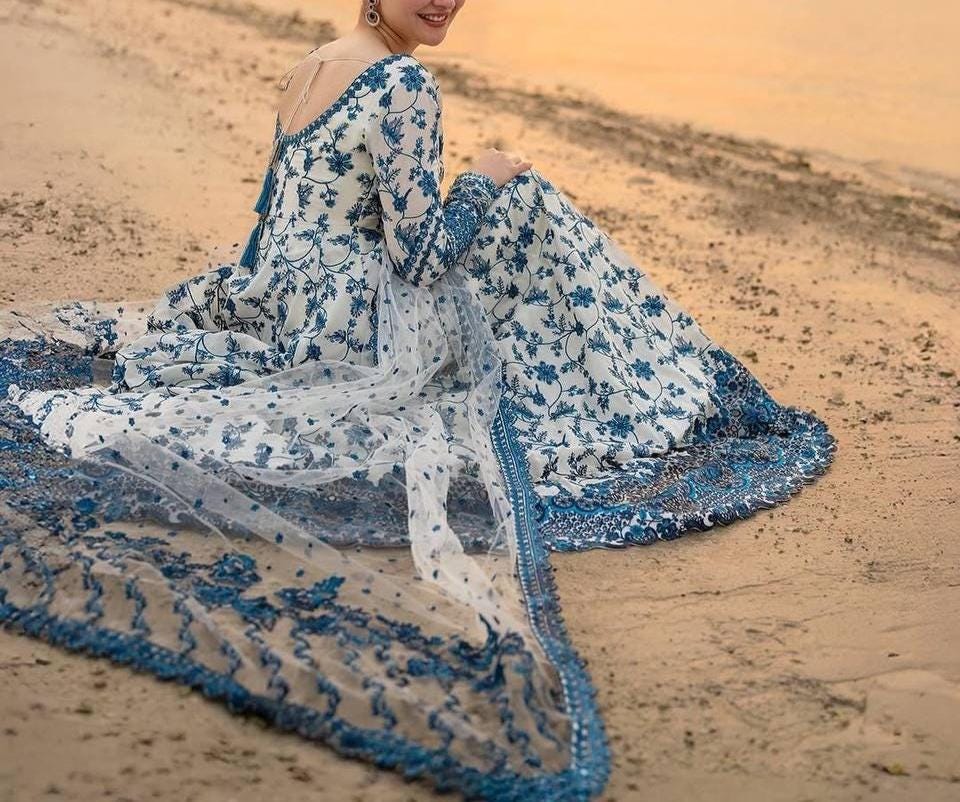 Elegant Blue & White Embroidered Outfit - Lawn Suit , full sleeve gown , ethnic maxi, anarkali with palazzo