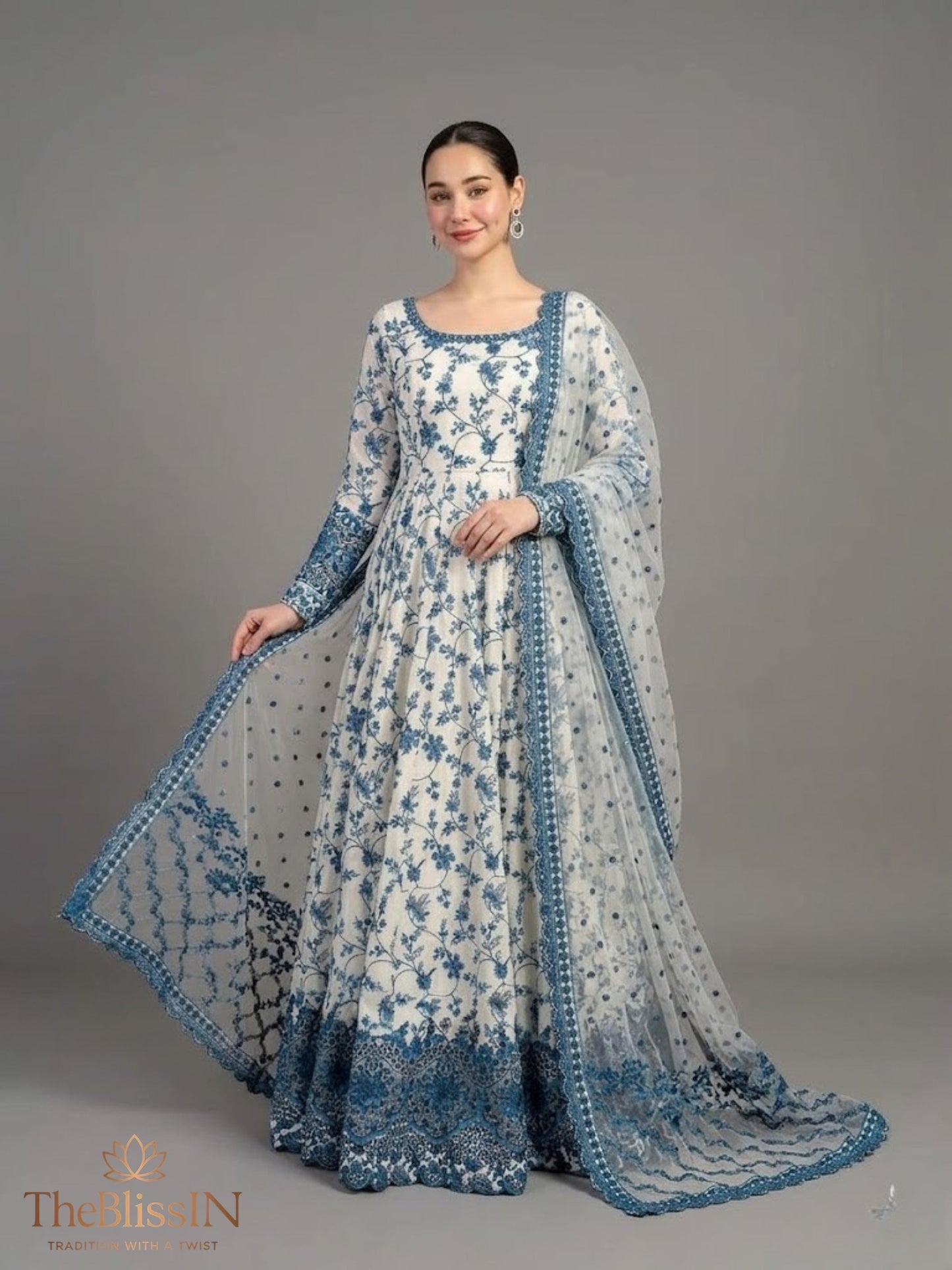 Elegant Blue & White Embroidered Outfit - Lawn Suit , full sleeve gown , ethnic maxi, anarkali with palazzo