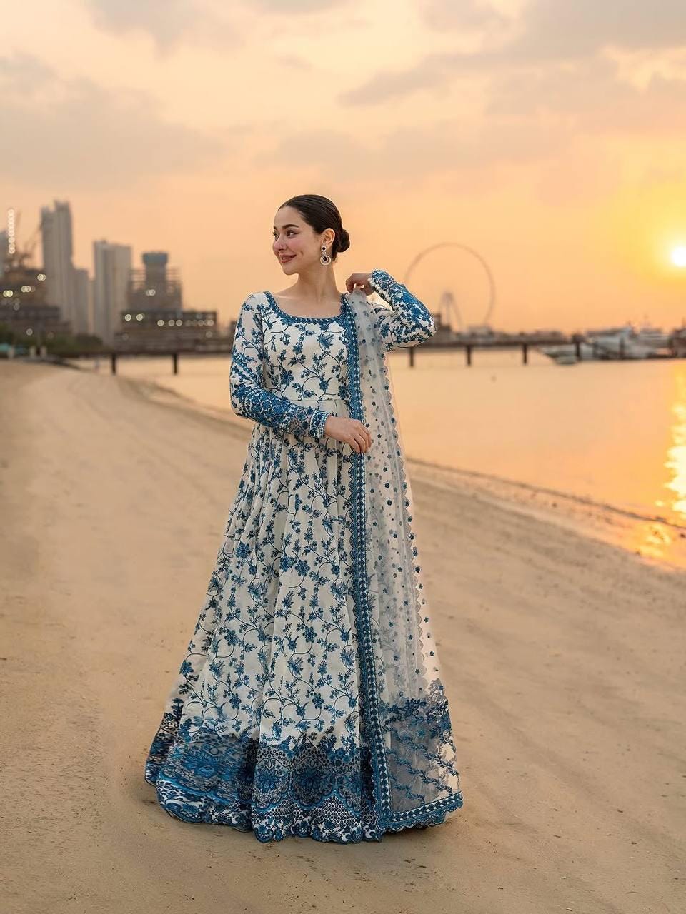 Elegant Blue & White Embroidered Outfit - Lawn Suit , full sleeve gown , ethnic maxi, anarkali with palazzo