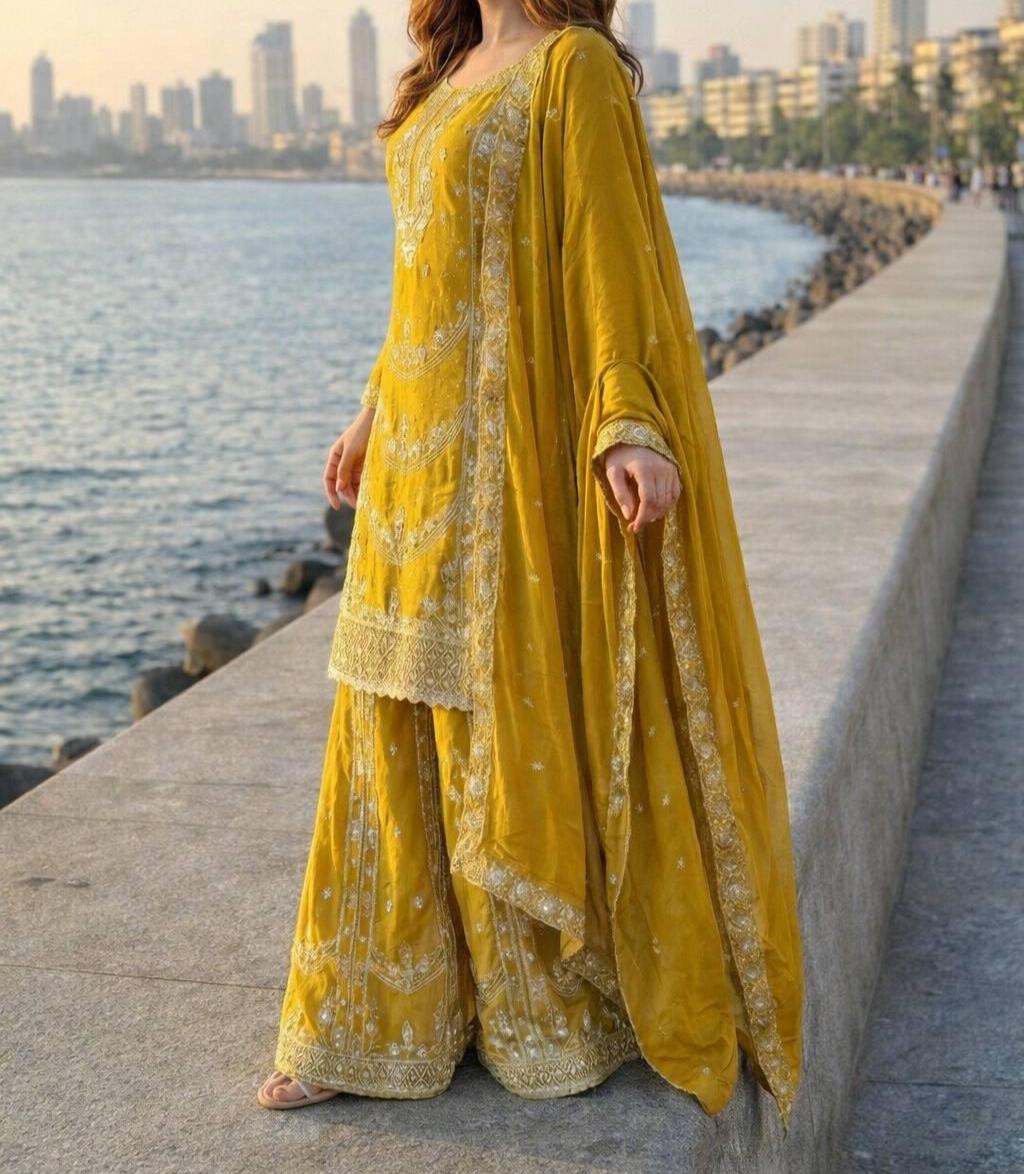 Yellow Embroidered Palazzo Suit with Dupatta | Indian Ethnic Wear