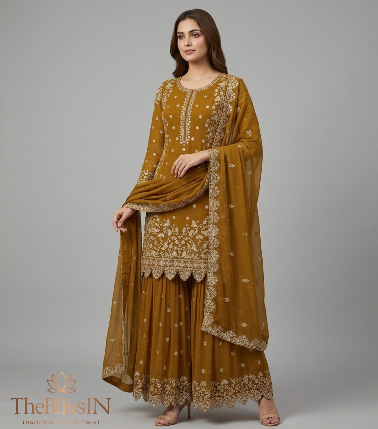 Embroidered Georgette Kurta Palazzo Set with Dupatta | Wedding & Haldi Wear
