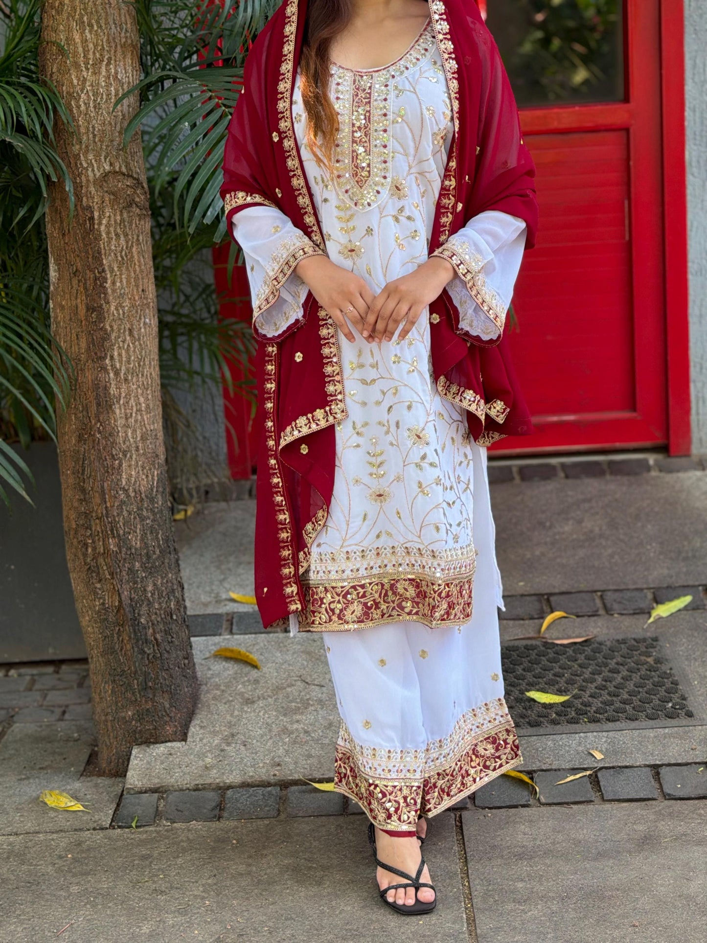 Heavy Faux Georgette Embroidered Palazzo Suit Set with Dupatta