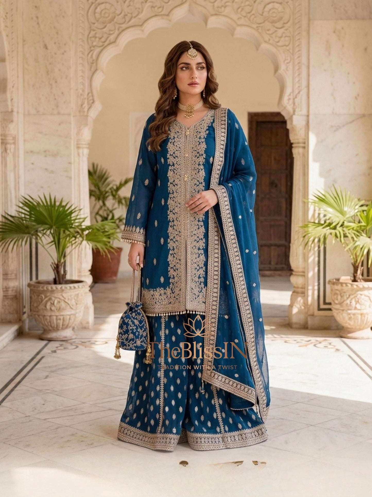 Pakistani Royal Blue Wedding Sharara & Kurta Set