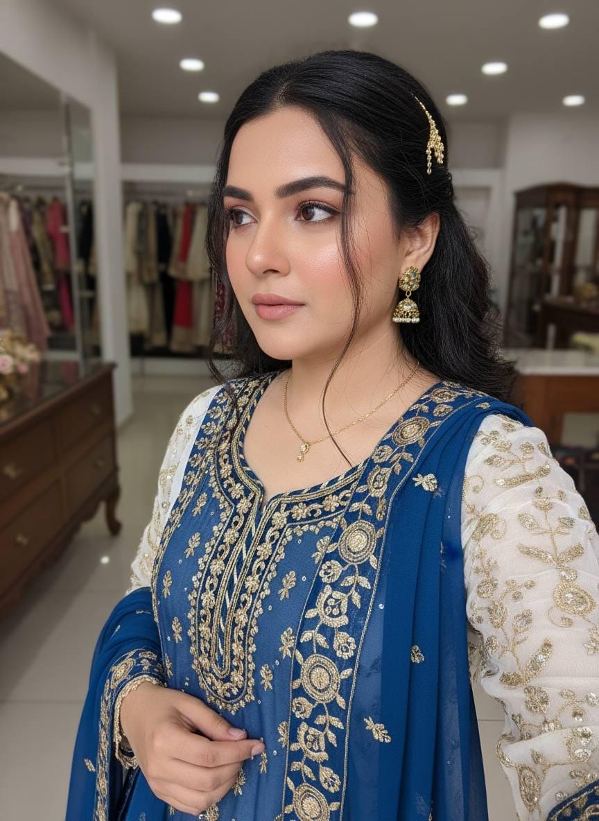 Pakistani Blue Wedding Outfit | Heavy Sequence Embroidery | Ready to Wear