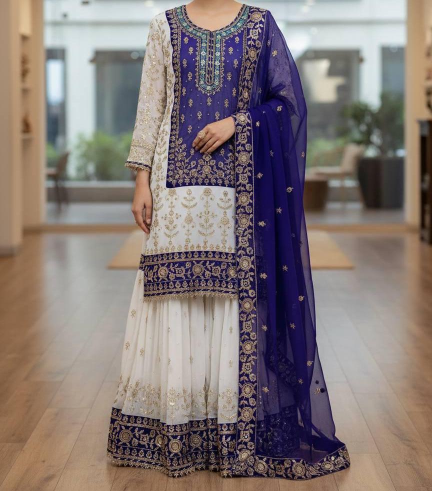 Designer Purple Sharara Set with Gold Zari Work - Traditional Indian Party Wear