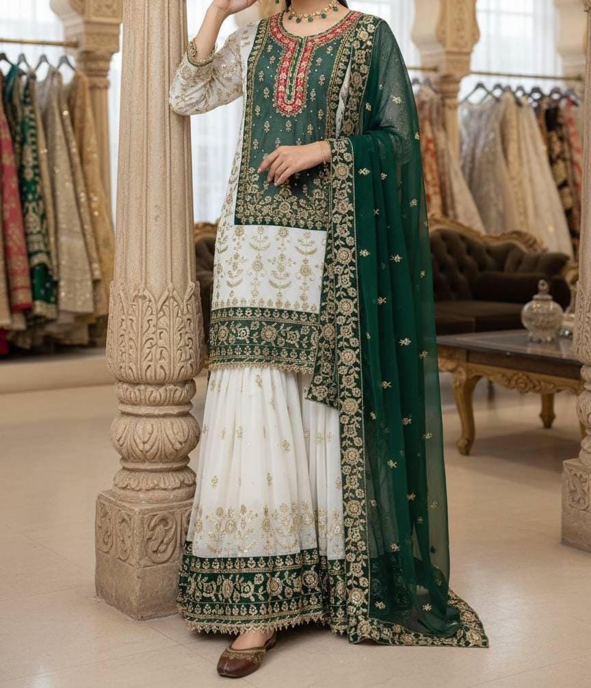 Pakistani Green Georgette Sharara For Women - Eid Outfit
