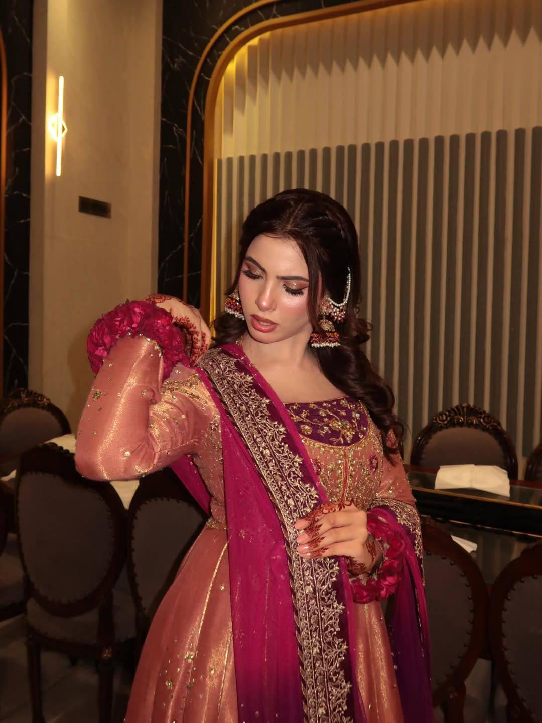 Rose Gold Pakistani Anarkali Suit: Fendy Silk Sequins Embroidery Party Wear