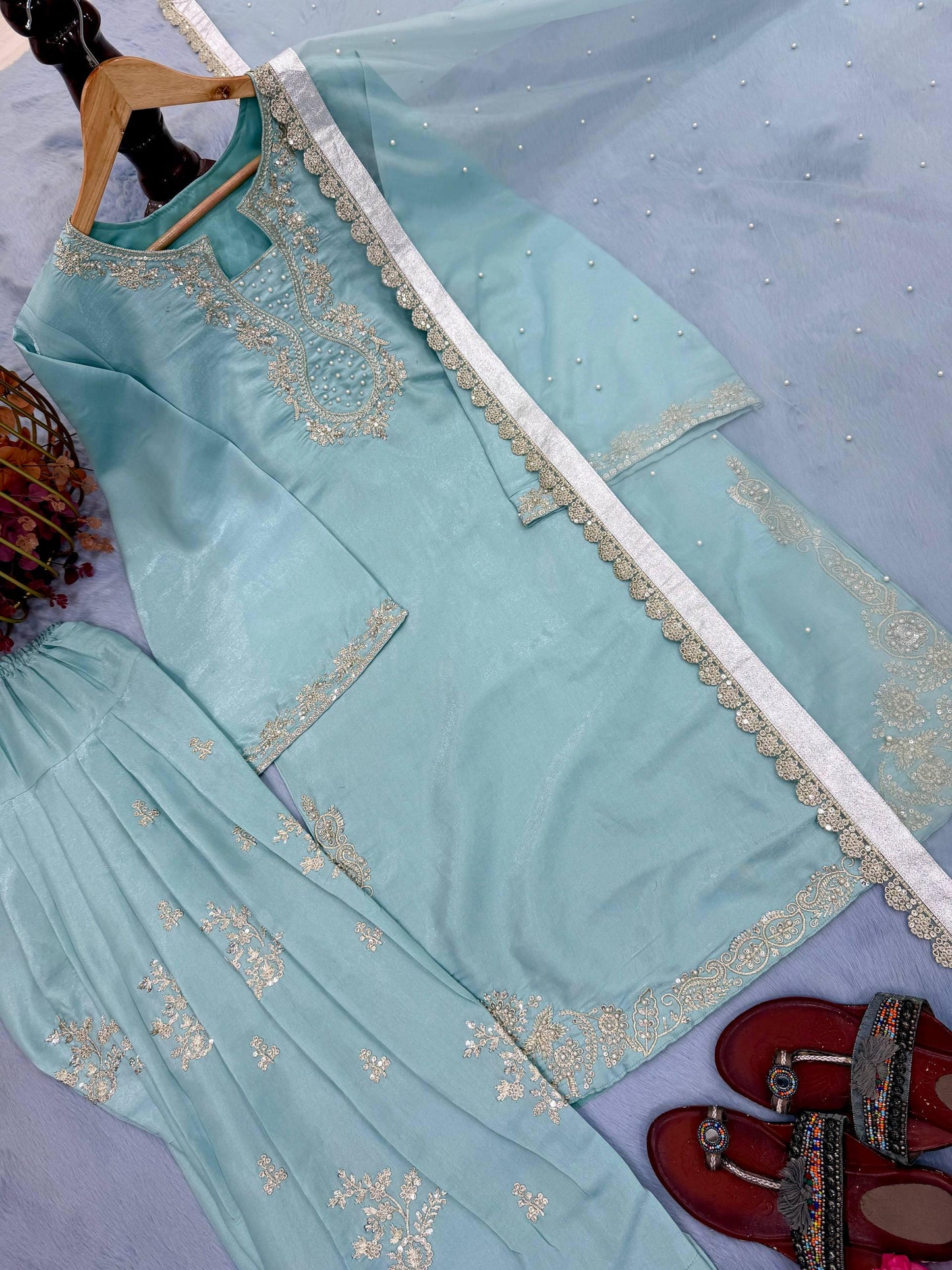 Embroidered Blue Silk Farshi Cord Set with Organza Dupatta, Punjabi Style Suit