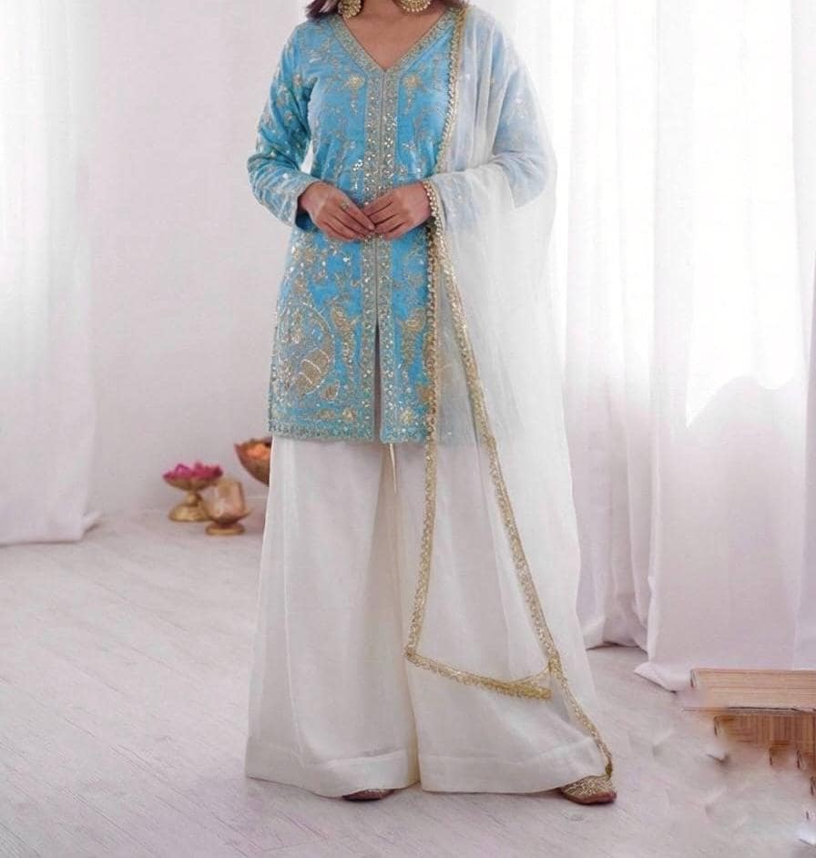 Blue and White Indian Ethnic Wear Kurta Palazzo Outfit - Short kurti , Ethnic fashion India