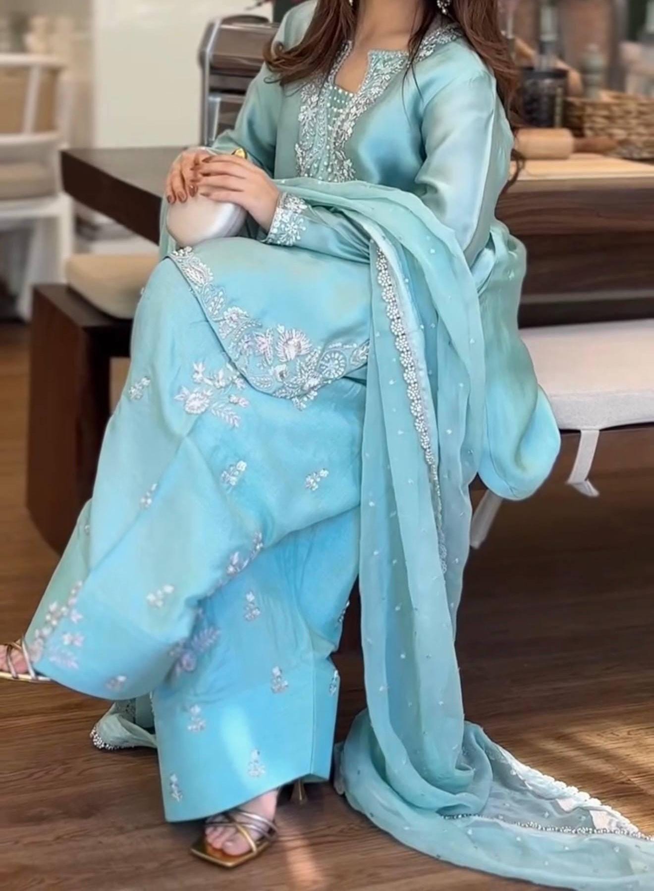 Embroidered Blue Silk Farshi Cord Set with Organza Dupatta, Punjabi Style Suit
