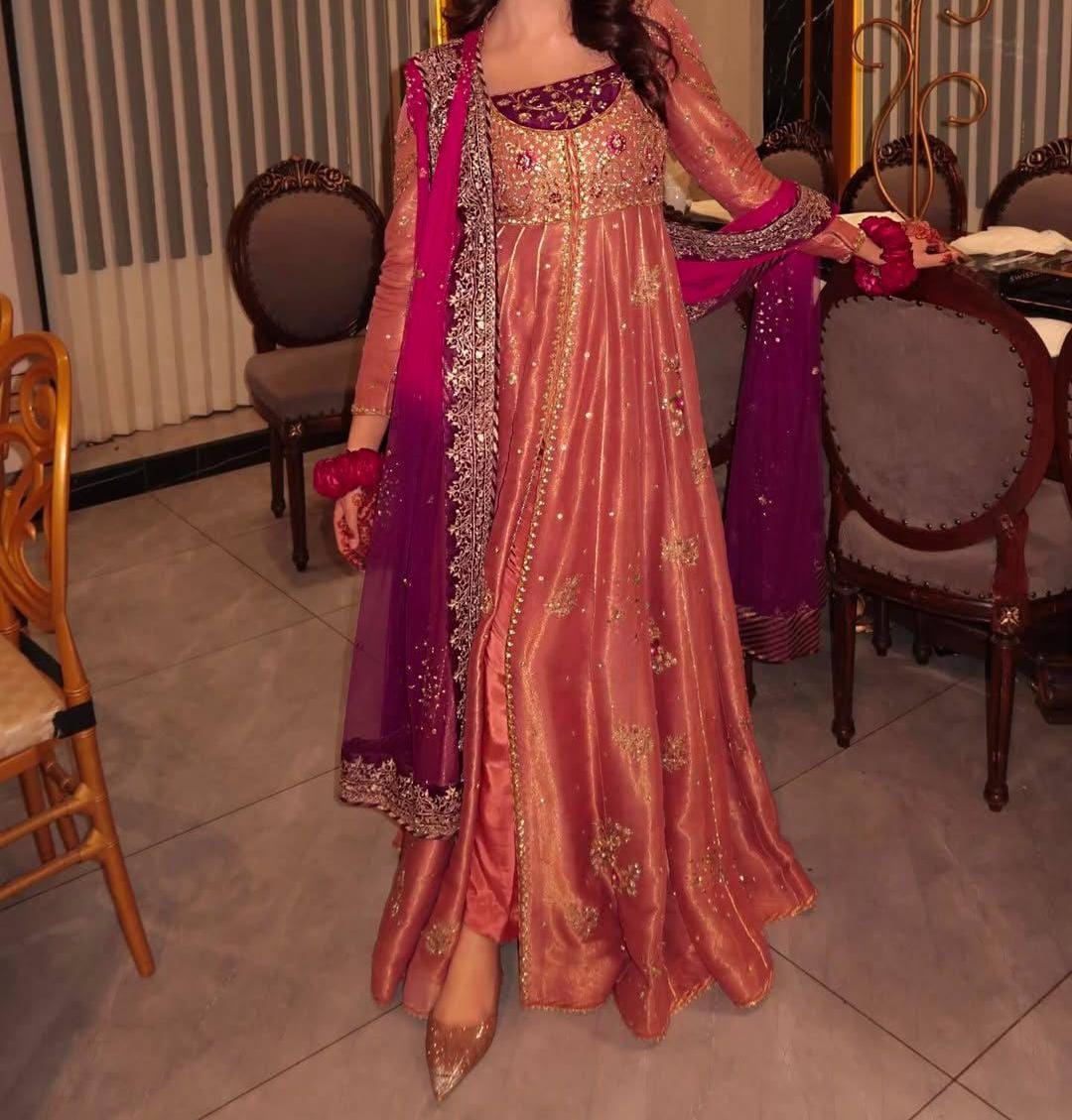 Rose Gold Pakistani Anarkali Suit: Fendy Silk Sequins Embroidery Party Wear