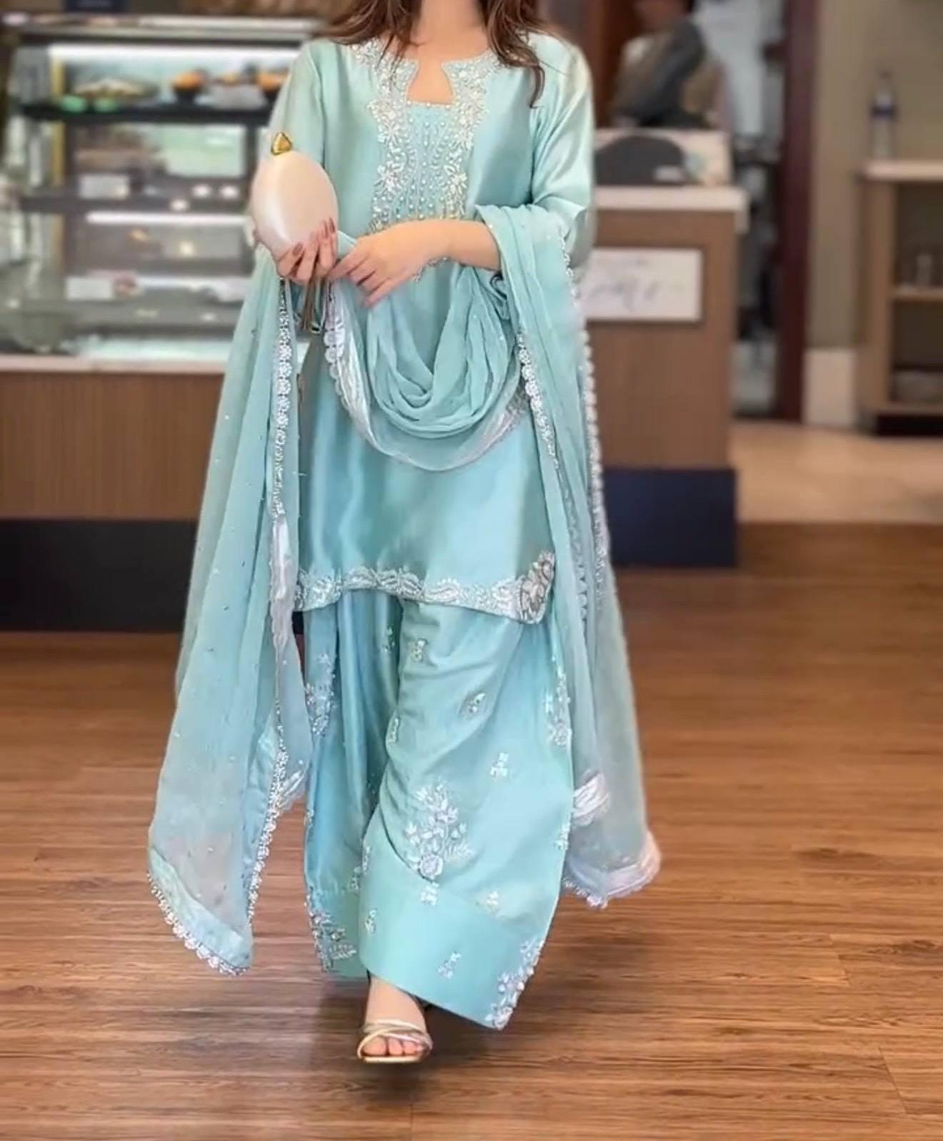 Embroidered Blue Silk Farshi Cord Set with Organza Dupatta, Punjabi Style Suit