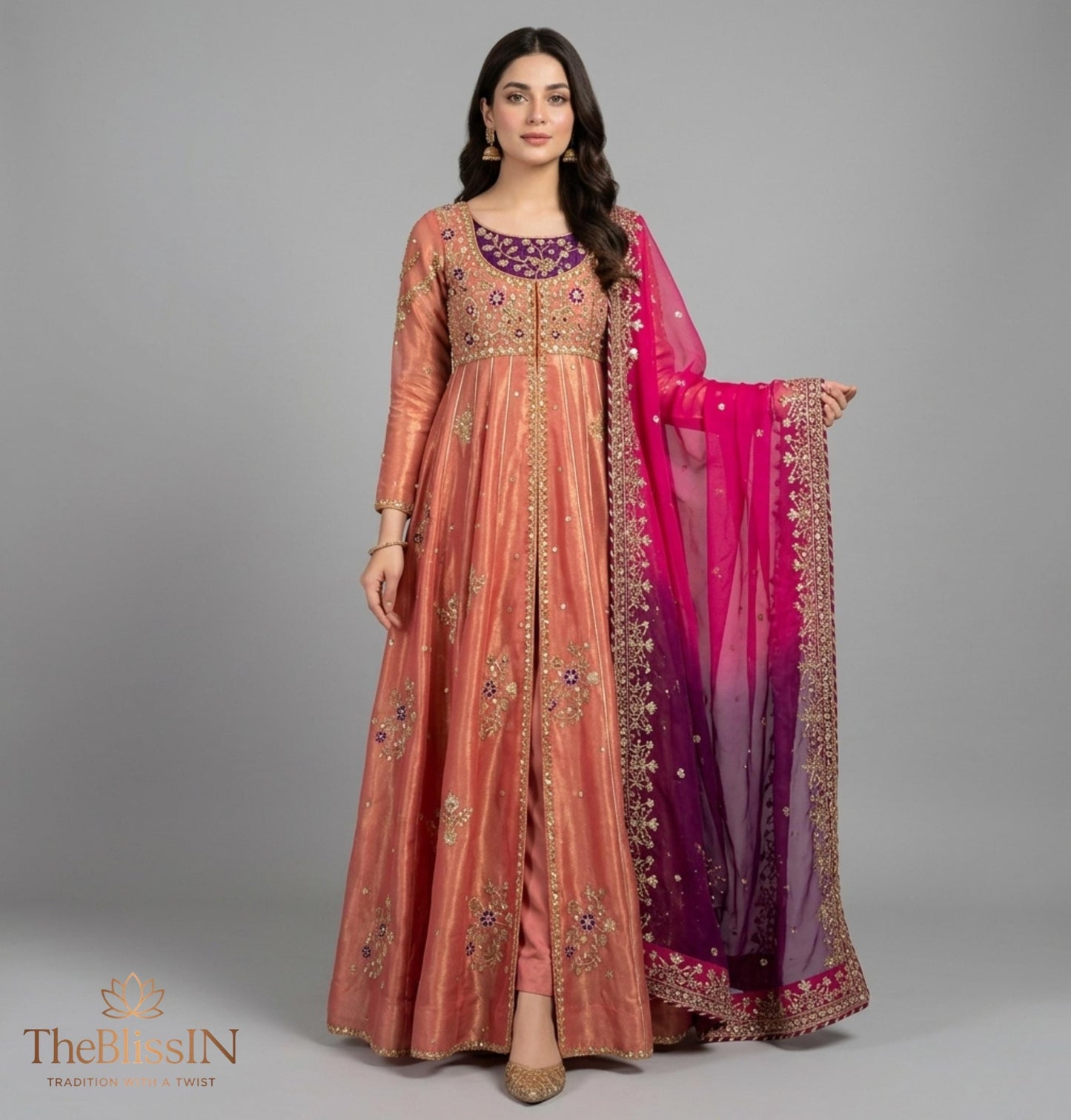 Rose Gold Pakistani Anarkali Suit: Fendy Silk Sequins Embroidery Party Wear