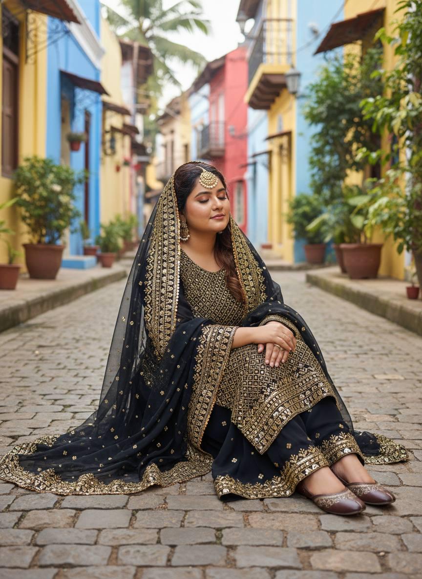 Designer Black Georgette Heavy Work Gold Kurta and Flared Palazzo Suit