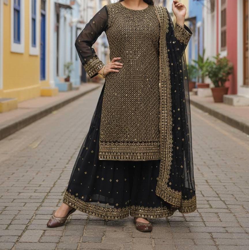 Designer Black Georgette Heavy Work Gold Kurta and Flared Palazzo Suit