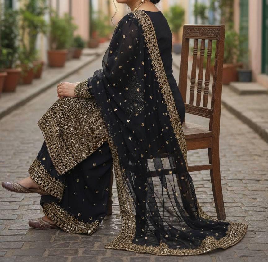 Designer Black Georgette Heavy Work Gold Kurta and Flared Palazzo Suit
