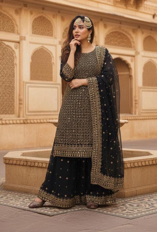Designer Black Georgette Heavy Work Gold Kurta and Flared Palazzo Suit