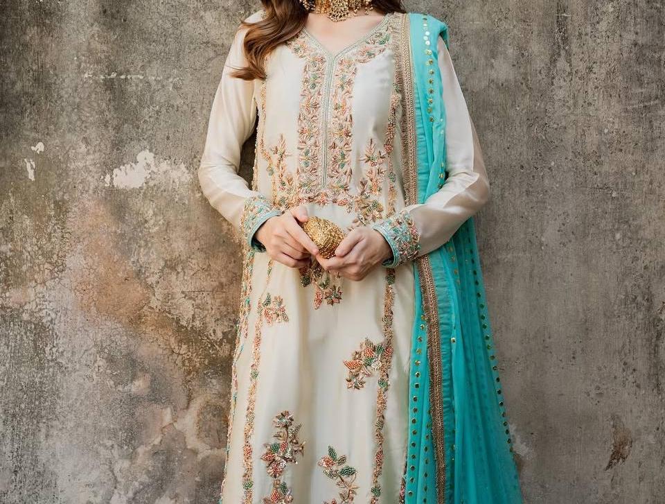 White Pure Silk Long Kurta With Blue Dupatta Wedding Suit For Women