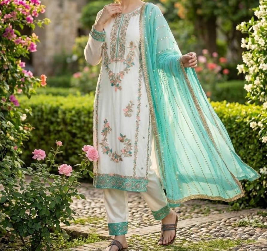 White Pure Silk Long Kurta With Blue Dupatta Wedding Suit For Women