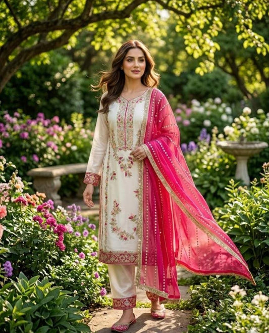 White Silk with Heavy Embroidery With Bright Pink Dupatta Fancy Lace Border