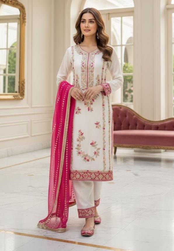 White Silk with Heavy Embroidery With Bright Pink Dupatta Fancy Lace Border