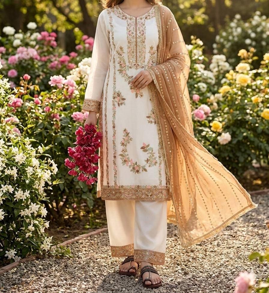 Pakistani White Kurta and Brown Dupatta Set