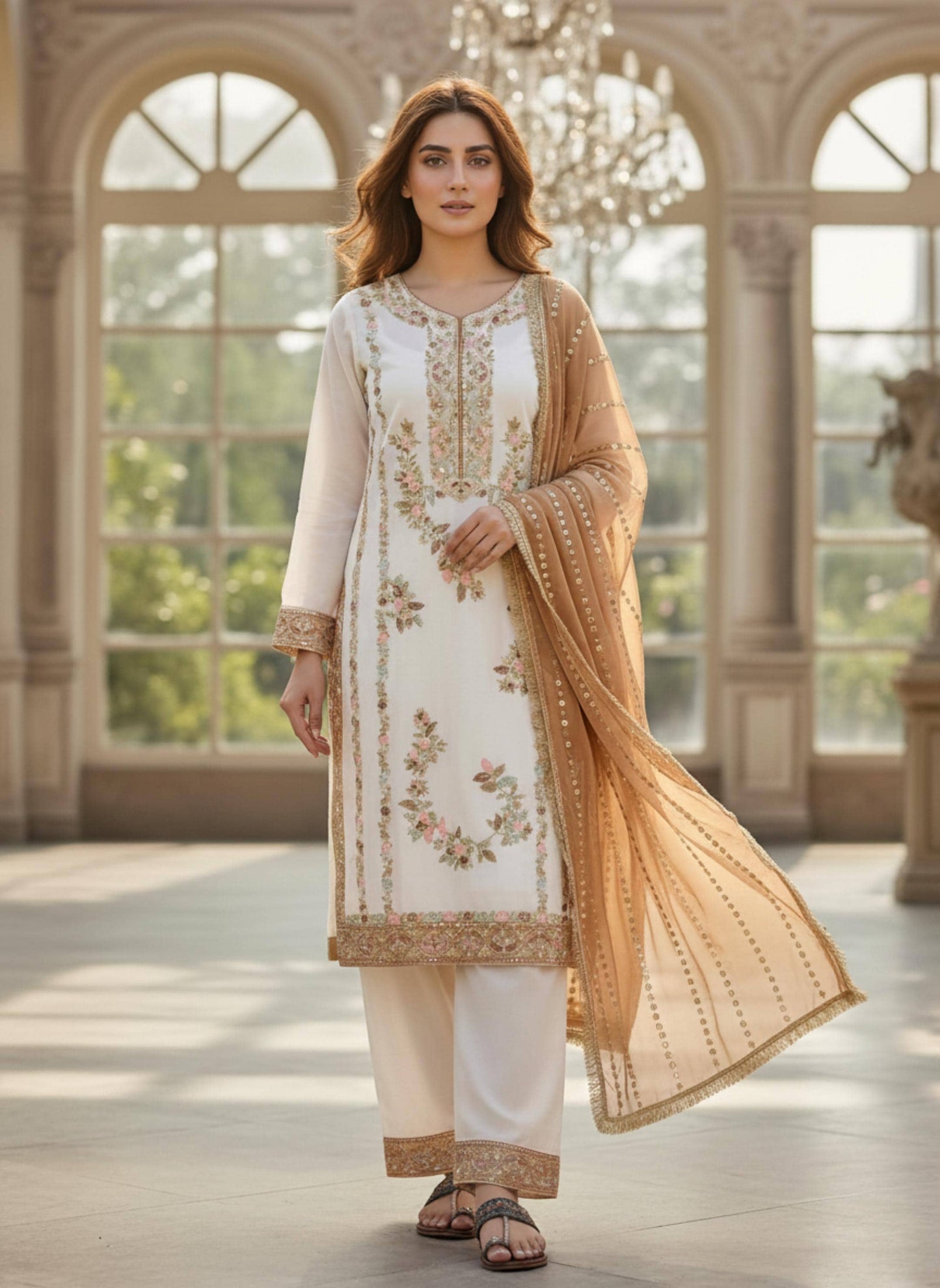 Pakistani White Kurta and Brown Dupatta Set
