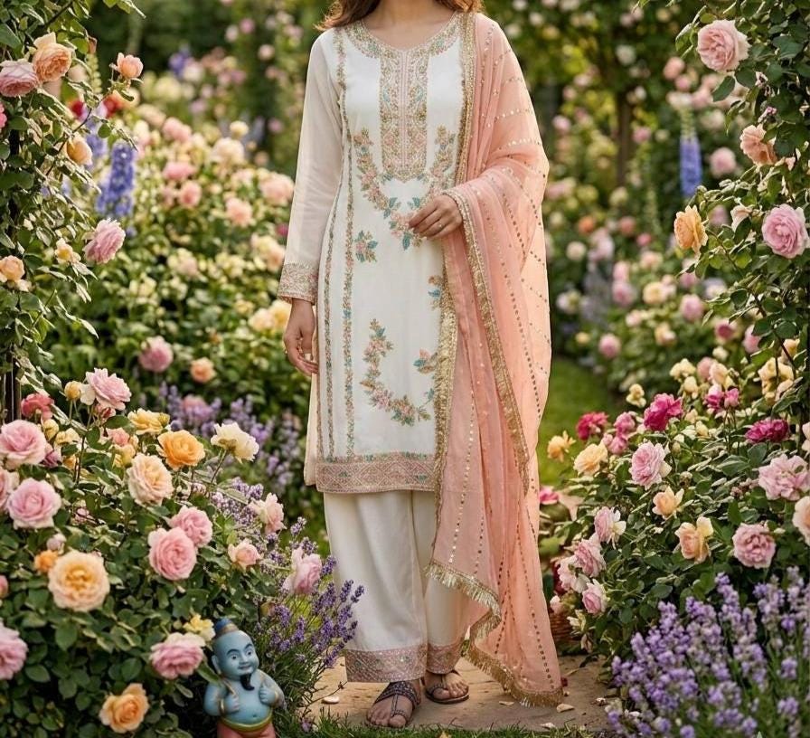 White  Embroidered Kurti Palazzo Set with Peach Dupatta for Women - Festive Wear Suit