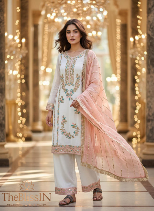 White  Embroidered Kurti Palazzo Set with Peach Dupatta for Women - Festive Wear Suit