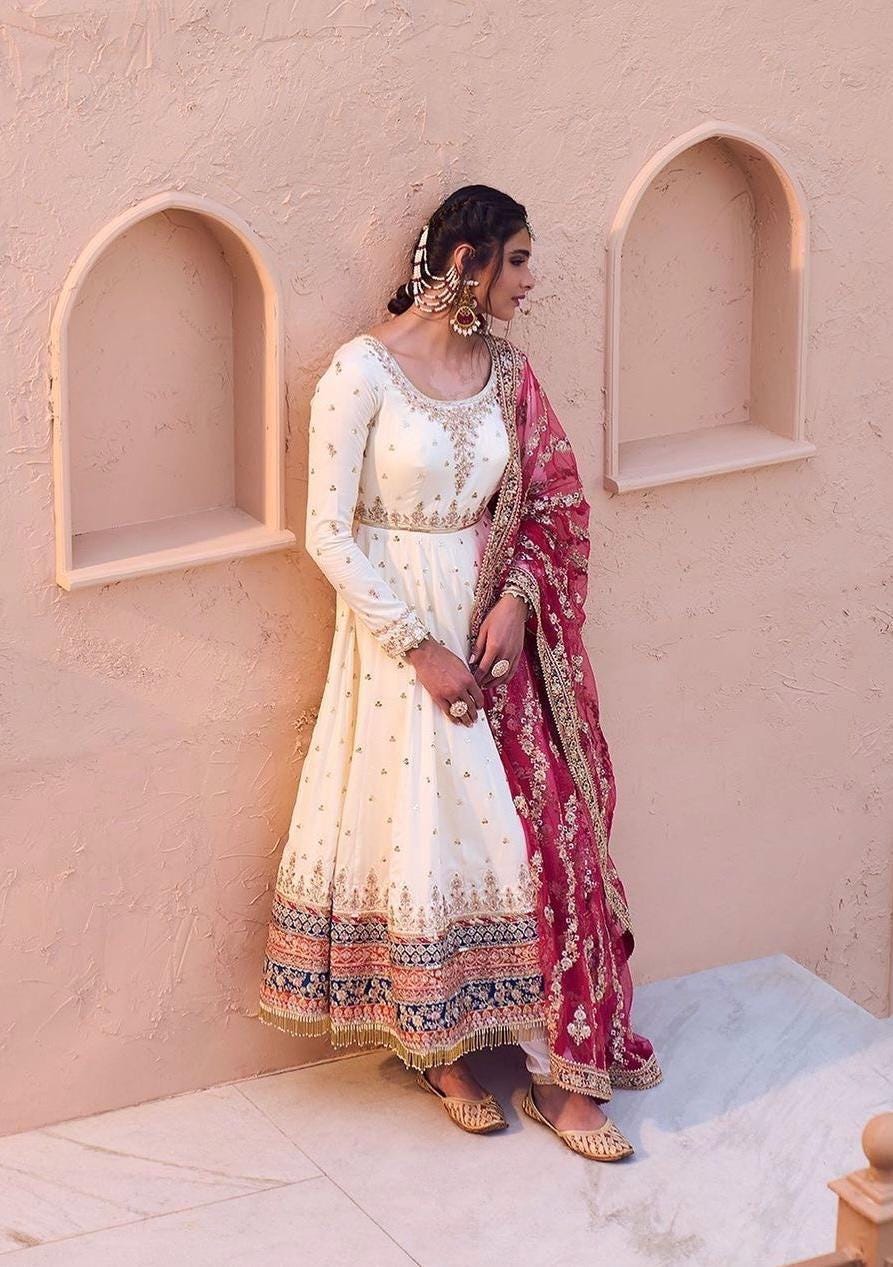 White Embroidered Anarkali Gown with Pink Dupatta for Women