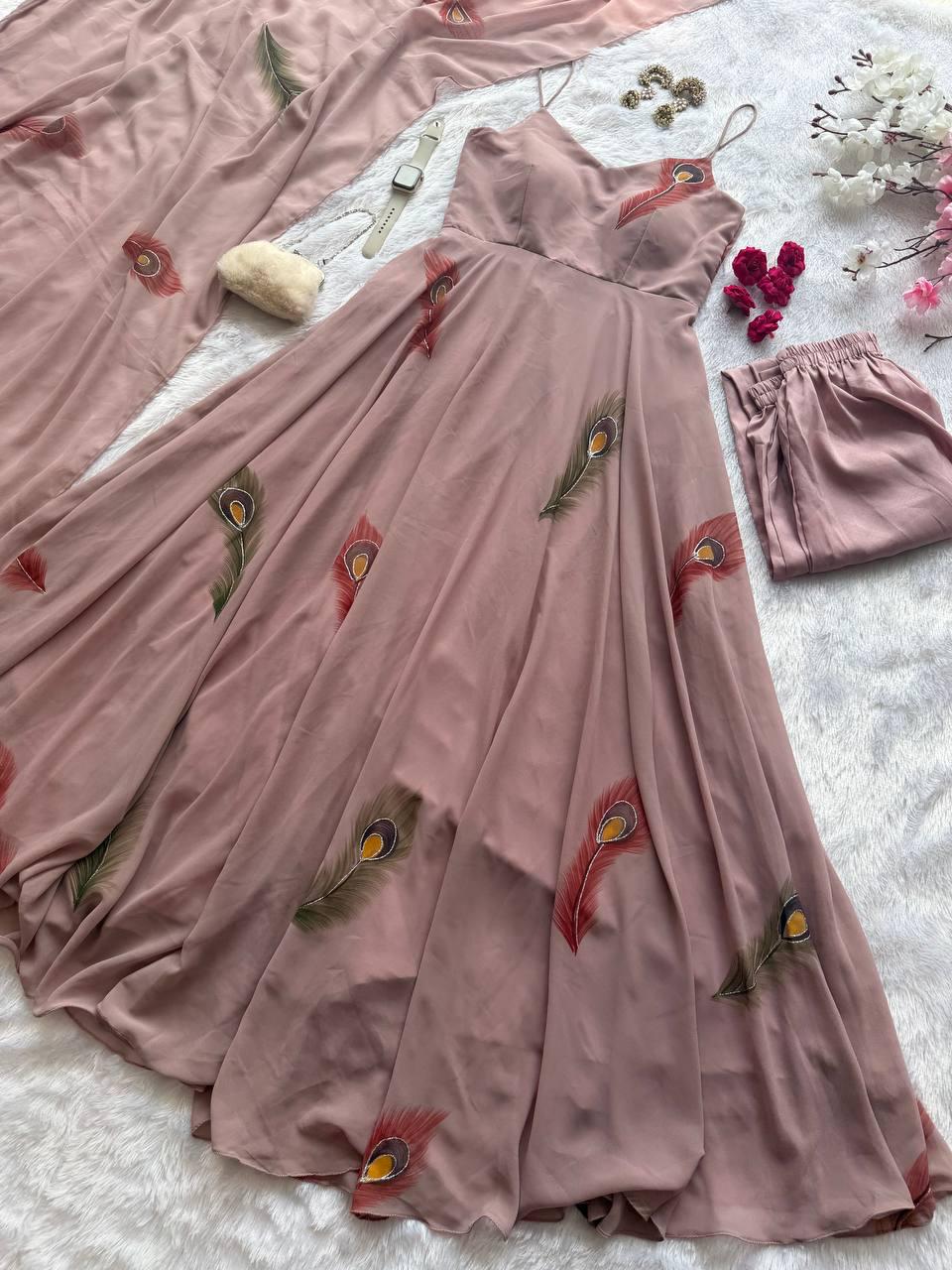 Dusty Pink Peacock Feather Print Women's Dress & Pants Set