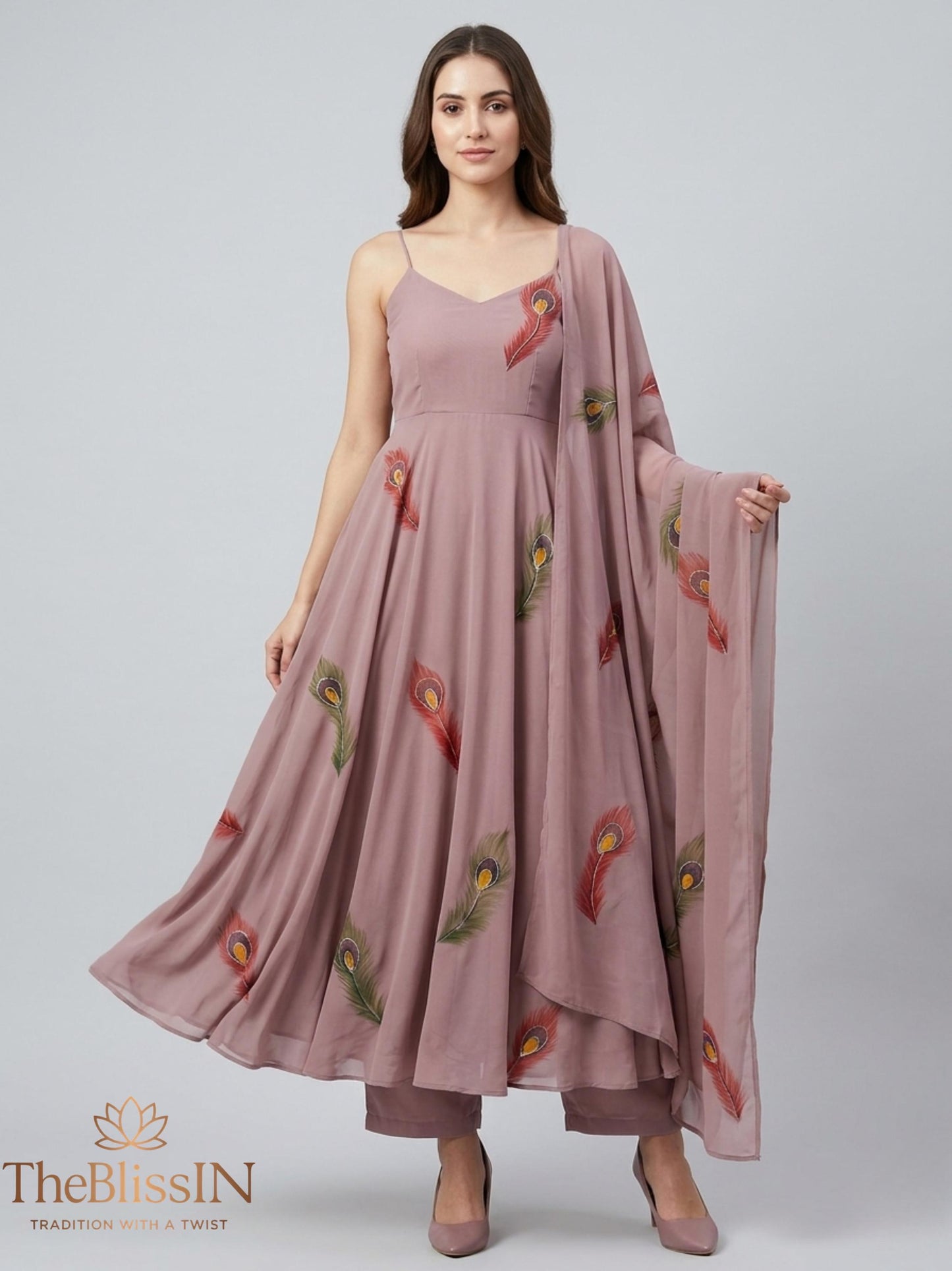 Dusty Pink Peacock Feather Print Women's Dress & Pants Set