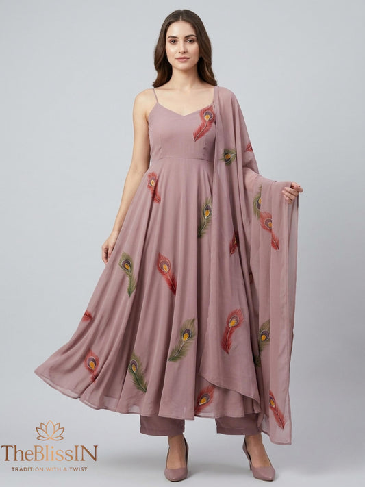 Dusty Pink Peacock Feather Print Women's Dress & Pants Set