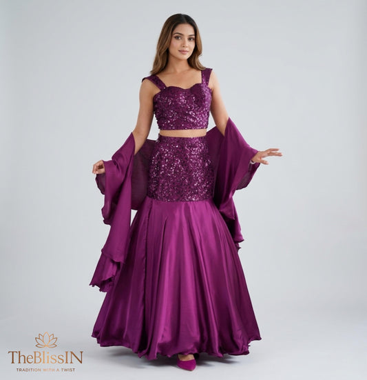 Plum Sequin Embroidered Lehenga Choli Set with Flowy Sleeves