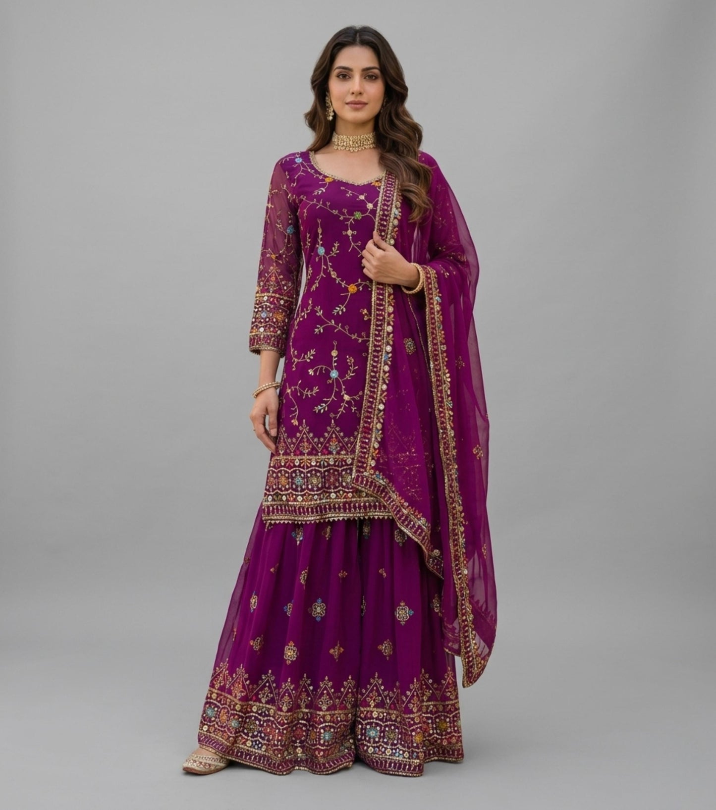 Blush Pink Faux Georgette Hand Embroidered Sharara Suit Set - Festival Wear ,  Styled Sharara