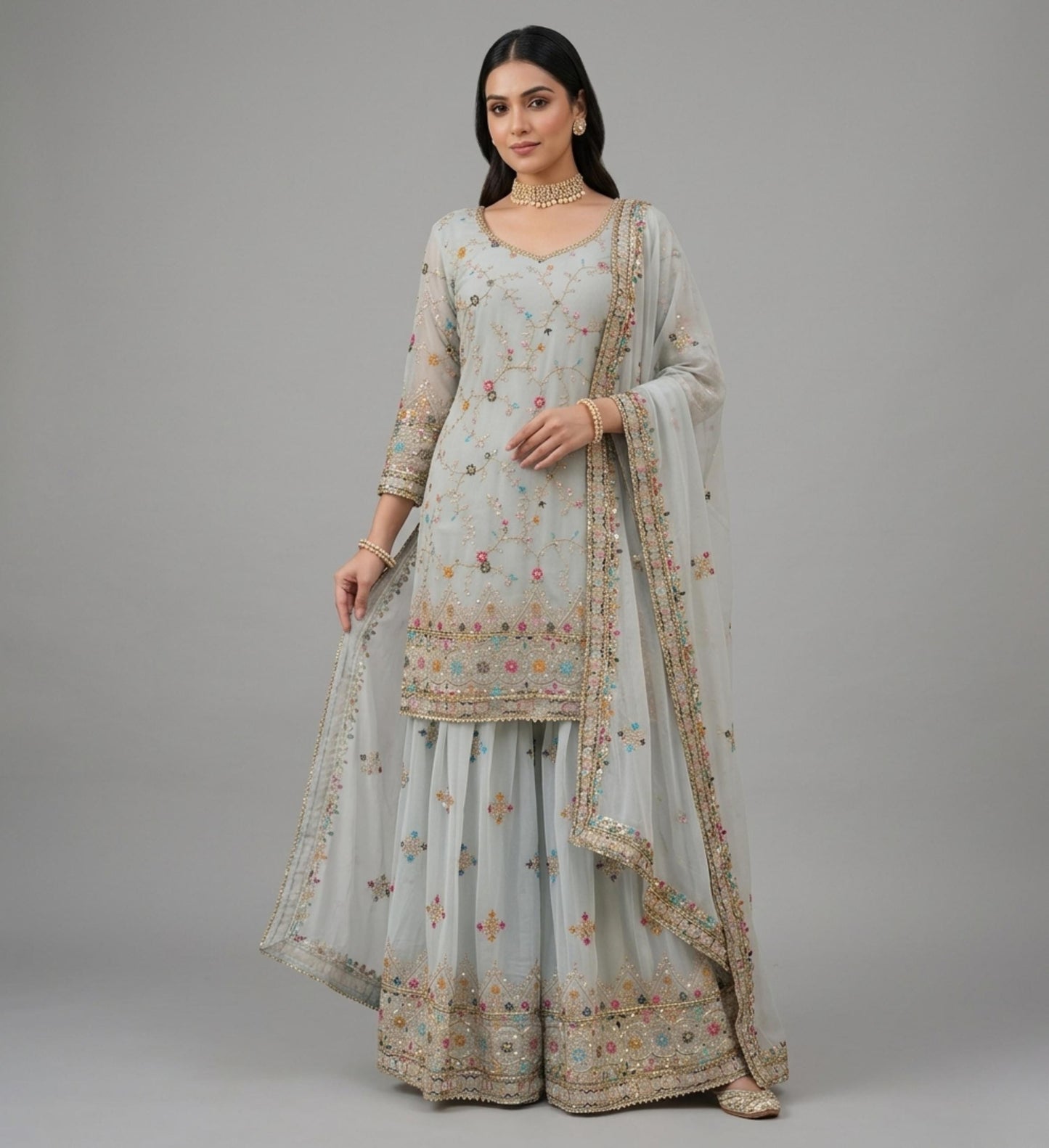Blush Pink Faux Georgette Hand Embroidered Sharara Suit Set - Festival Wear ,  Styled Sharara
