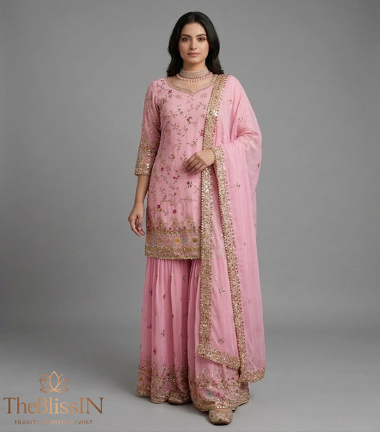 Blush Pink Faux Georgette Hand Embroidered Sharara Suit Set - Festival Wear ,  Styled Sharara