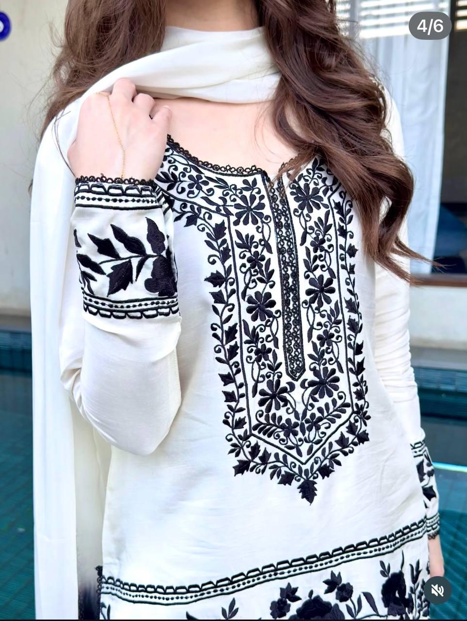 White Farsi Suit Black Embroidery Palazzo Set, Pakistani Ready Wear