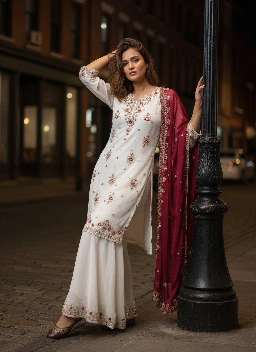 Black Embroidered Kurti with Sharara & Pink Dupatta | Elegant Festive Ethnic Suit Set